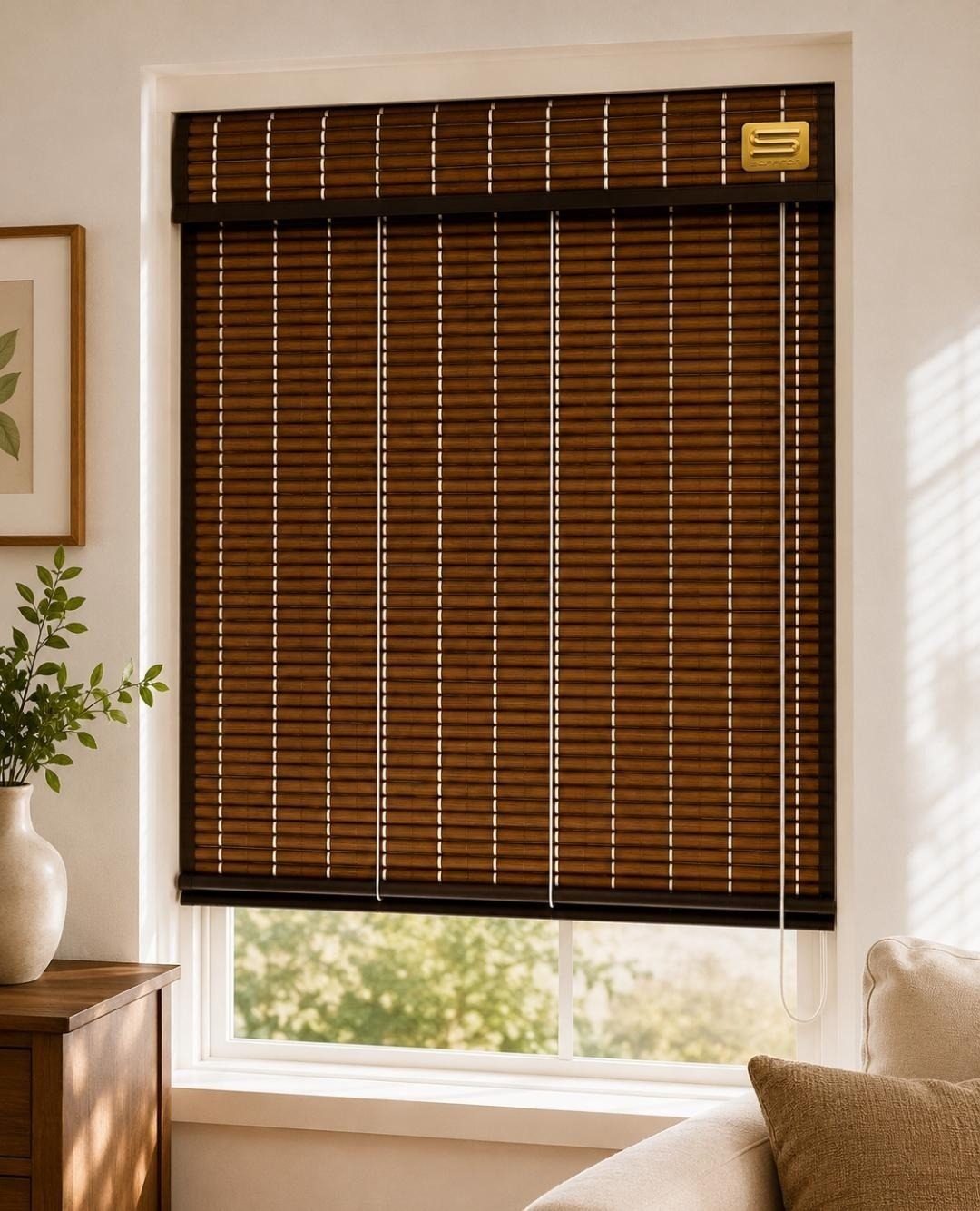 Wood-tone PVC blind with a Saffron-branded head rail in a sunlit living room
